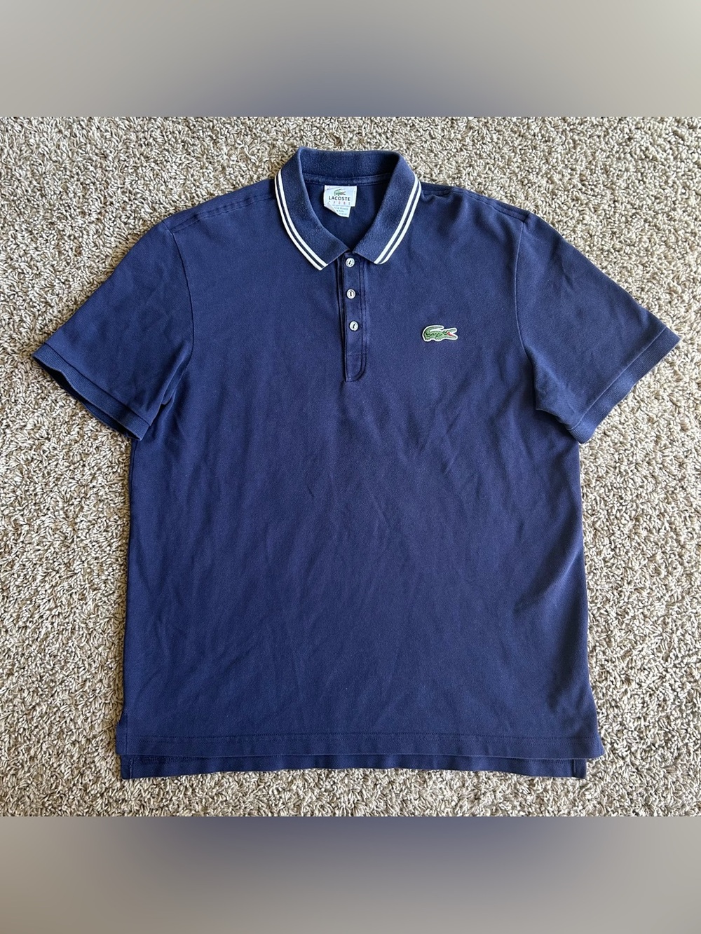 Lacoste Sport Mens 6(XL) Polo Navy Blue White Ribbed Collar Iconic Croc Shirt